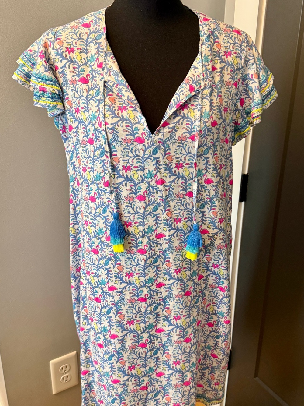 Vineyard Vines Blue and Pink Floral Tassel Shift Dress